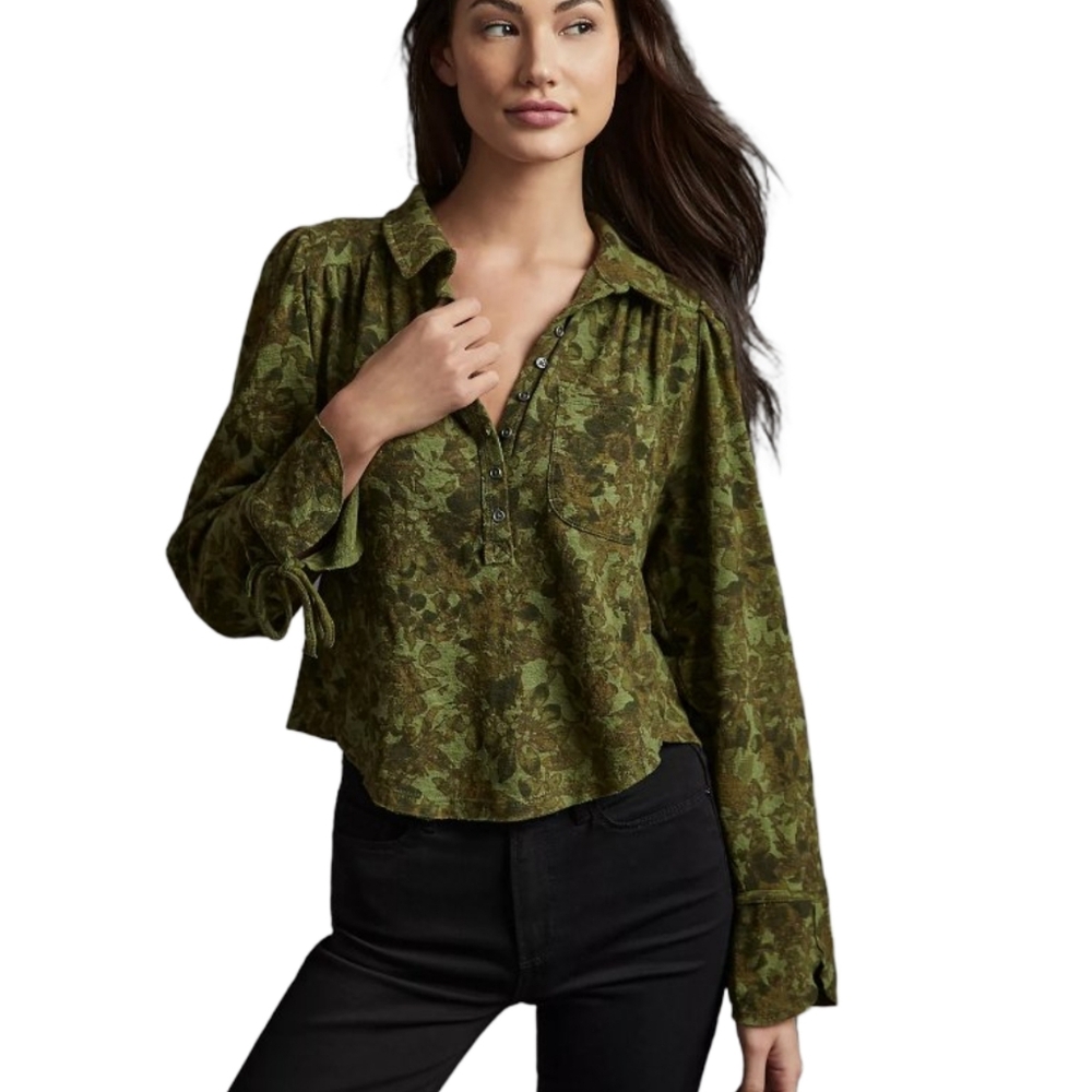 Anthropologie Pilcro The Aly Puff Sleeve Floral Camo Blouse Size Large